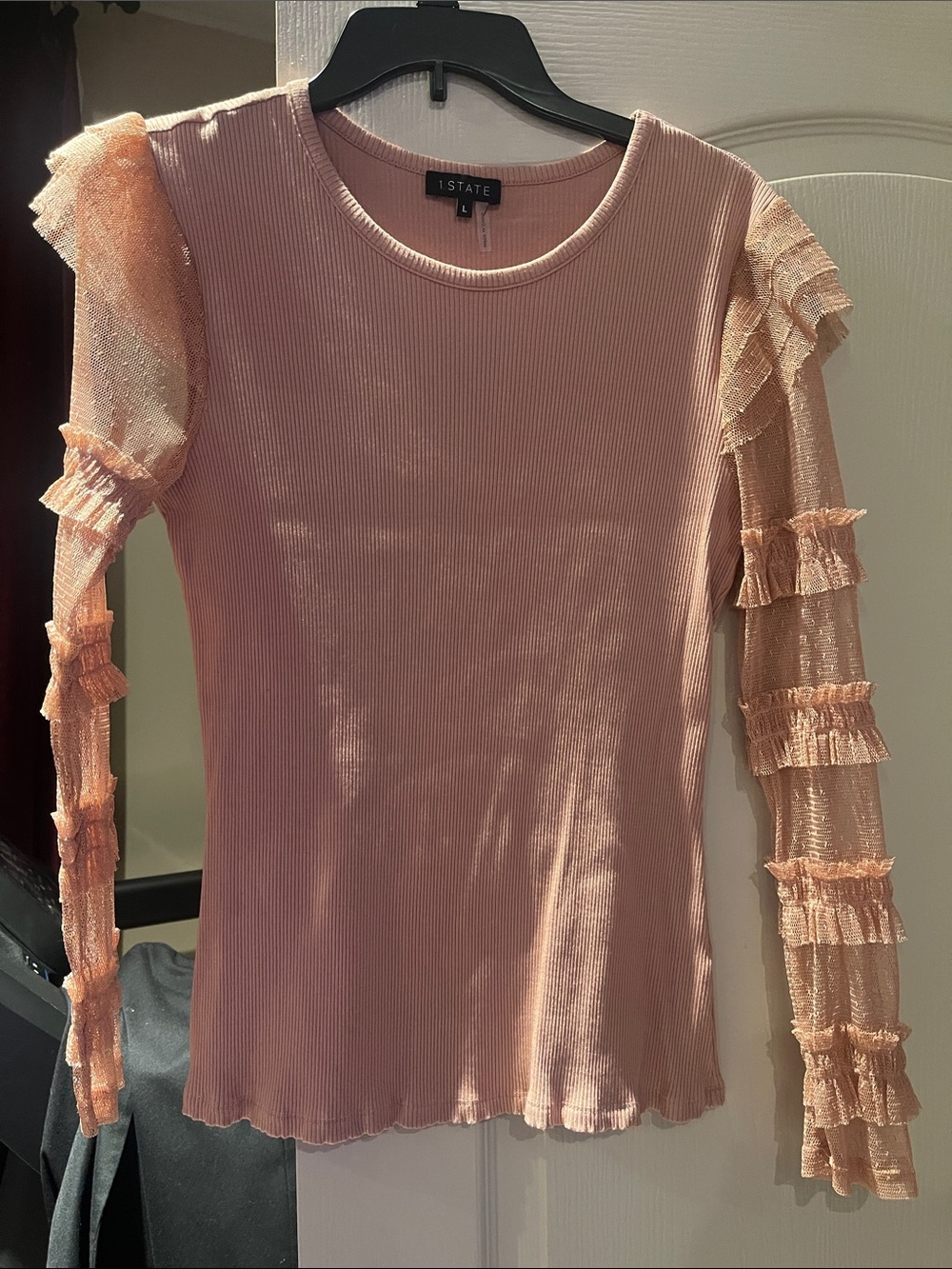 STATE Blush Pink Ribbed Top with Ruffle Sheer Sleeves